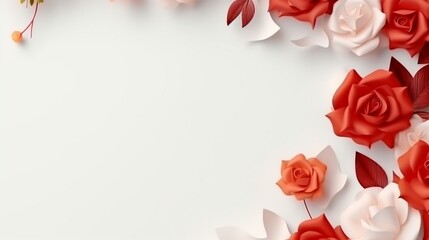 Wedding invitation or valentine's day on white background, flowers and leaves near paper sheet.