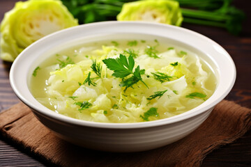 Clean, neat cabbage soup with herbs on top, on a rustic wooden table