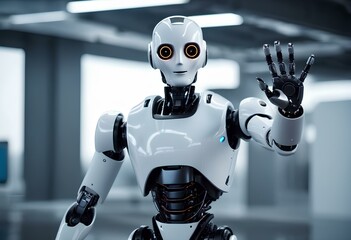 a robot greeted waving. Image created using AI generative tools