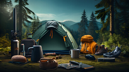Tent and outdoor camping setup in nature.
