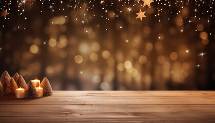 Empty wooden table with Christmas decoration
