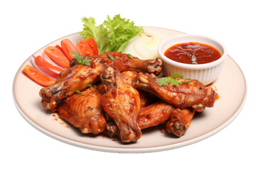 baked chicken wings in the asian style and tomatoes sauce on plate, transparent