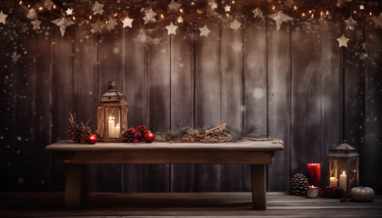 empty wooden bench with Christmas decorations
