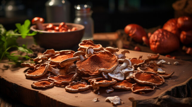 Fresh Reishi Mushrooms on Wooden Board in Kitchen