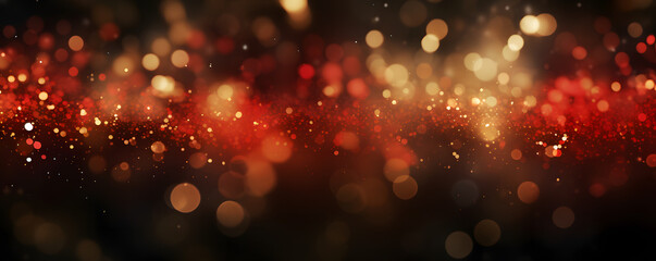Fototapeta na wymiar Hintergrund mit abstrakten Glitter Lichter, Funkeln, Sterne in rot, gold und schwarz als bokeh Banner