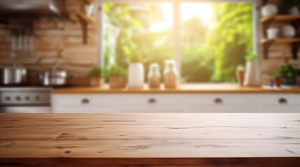 Fototapeta na wymiar Empty wooden table with kitchen in background.
