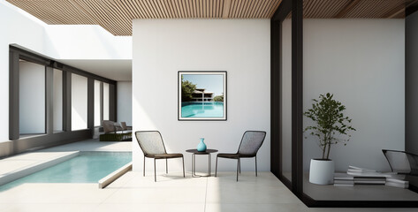 contemporary house with a pool frontal view of a white, modern living room with a window