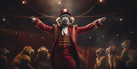monkey in circus with red ringleader coat on brandish - obrazy, fototapety, plakaty