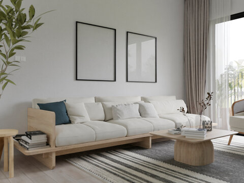 Fototapeta Mockup poster two black frame in empty picture living room interior vertical wooden floor There is a sofa in illustration 3d rendering.