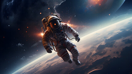 Fototapeta na wymiar Man in a spacesuit in space above the earth.