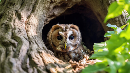 Tawny owl ( Strix aluco ) sitiing in the hollow in old oak tree.