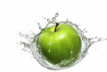 green apple with water splash isolated on white background. generative ai - obrazy, fototapety, plakaty