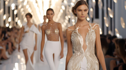Naklejka premium Fashion show on catwalk revealing new clothes stock.
