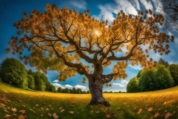 **panorama of a maple tree on a meadow against a blue sky