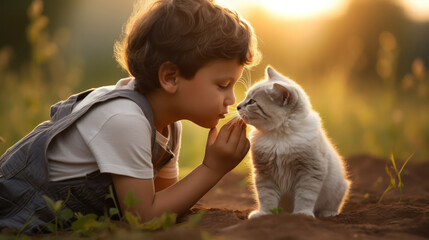 Fototapeta premium Little Asian Boy Sweetly Kissing the Cat in a Summer Field - A Heartwarming Connection.