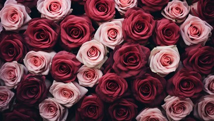 Roses are red and pink, the background is filled with romantic flowers for Valentine's day.
