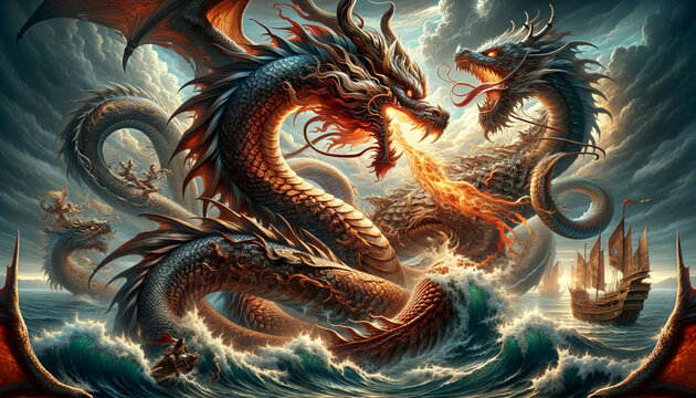 The image of a dragon entwined in a battle with a giant sea serpent.