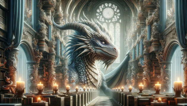 The image of a dragon as a guardian of an ancient, magical library.