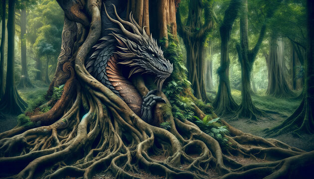 The image of a dragon intricately intertwined with the roots of an ancient tree in a mystical forest.