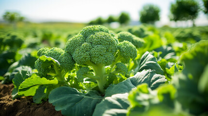 Fresh broccoli growing in a field with a blurred background on a sunny day. - obrazy, fototapety, plakaty