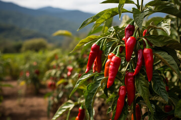 Red chili peppers growing on a plant in a field with mountains in the background. - obrazy, fototapety, plakaty