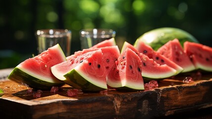 A close-up of watermelon slices on a picnic table, showcasing the refreshing and quintessential summer treat in a vibrant and juicy display