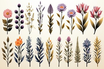 Fototapeta na wymiar A minimalistic vector set of colorful herbs such as chamomile, lavender, melissa, mint, sage, on a uniform background. Each blade of grass is depicted in a flat design style, creating a harmonious and