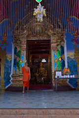 Buddhist monk entering a temple with drawings in blue and green. Translation: "Donations please"