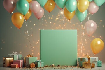 Light green background with balloons and colorful party supplies in a gold gift box, in the style of shaped canvas