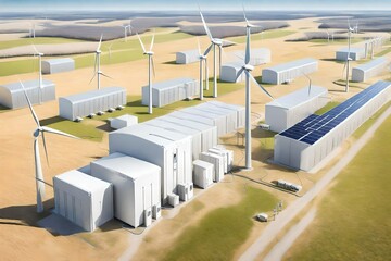 conceptual image of a modern battery energy storage system with wind turbines and solor--