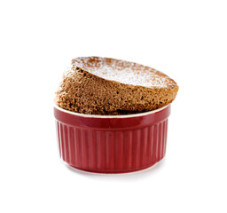 Freshly baked chocolate souffle with powdered sugar. isolated on white background