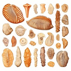Fossils Set, Archeologic Fossil Dig Collection Isolated, Fossilized Prints of Prehistoric Plants and Animals