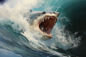 A huge shark emerges from the waves