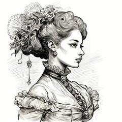Fototapeta premium Young Lady Ink Portrait, Vintage Woman in a Hat Sketch, Victorian Girl Hand Drawn, Elegant Engraving