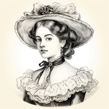 Young Lady Ink Portrait, Vintage Woman in a Hat Sketch, Victorian Girl Hand Drawn, Elegant Engraving