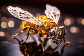Golden Bee, Jewelry Insect, Brooch in Form of a Fly in Luxury Jewellery Shop, Insect Bijouterie