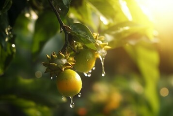 passion fruit on tree with blurred background and sunlight. generative ai