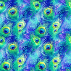Watercolor Peacock Feather Seamless Pattern, Aquarelle Plumage, Watercolor Exotic Feather Tile