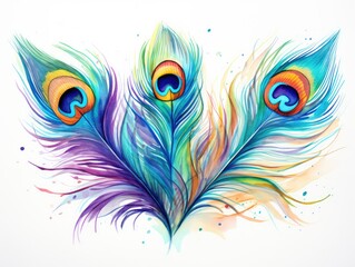 Obraz premium Watercolor Peacock Feather Isolated, Aquarelle Plumage, Creative Watercolor Exotic Feather Texture