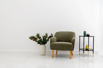 Minimalist interior  cabinet or living room. Green modern armchair   and vase with plant, home...