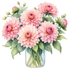 Watercolor illustration pink dahlia flowers arrange in the vase. Creative graphics design.