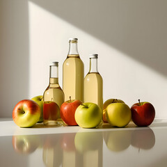 Apple juice in glass bottles with apples around on the light background. High-resolution