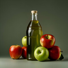 Apple juice in a glass bottle with apples around on the green background. High-resolution