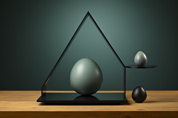 black egg on scale facing down, geometric balance style, conceptual minimalist sculpture, symmetrical balance