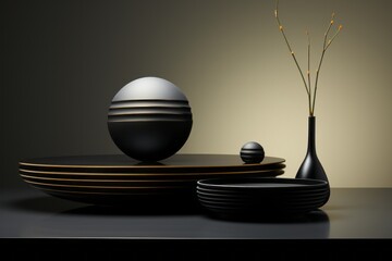 black egg on scale facing down, geometric balance style, conceptual minimalist sculpture, symmetrical balance