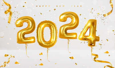 Happy new year 2024 golden foil balloons with gold confetti and serpentine. Luxury balloons and 2024. Beautiful design for greeting card and holiday, posters, banner, headers. Premium Vector EPS10.