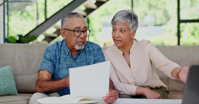 Documents, laptop or old couple discussion on problem, financial crisis or bank mortgage loan, insurance or inflation cost. Tax, online bills or senior people stress over savings, home budget or debt
