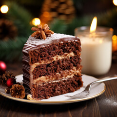 German Chocolate Cake piece in Christmas style - AI generated