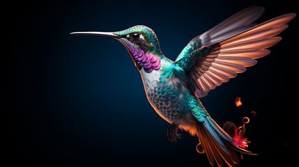 A high-speed shot of a hummingbird in flight, frozen in a moment of grace with wings outstretched.
