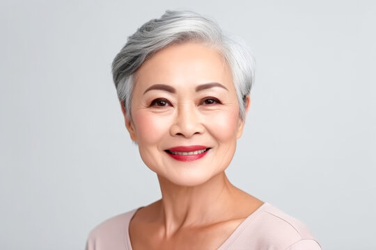Portrait of a beautiful smiling asian senior woman with grey hair isolated on grey background.